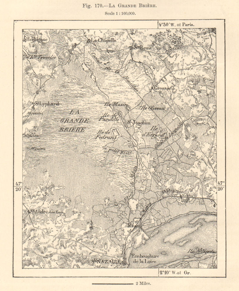 La Grande Brière. St Nazaire. Loire-Atlantique. Sketch map 1885 old